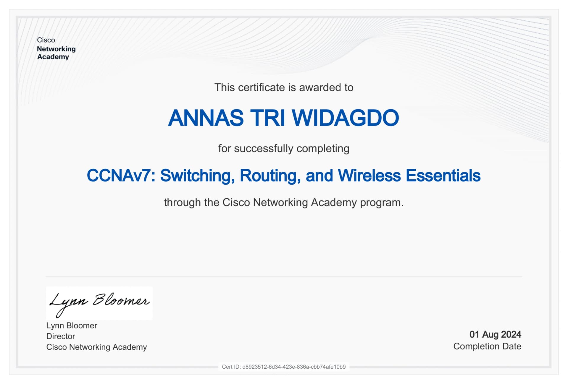 Certificate for CCNAv7: Switching, Routing, and Wireless Essentials issued by Cisco Networking Academy