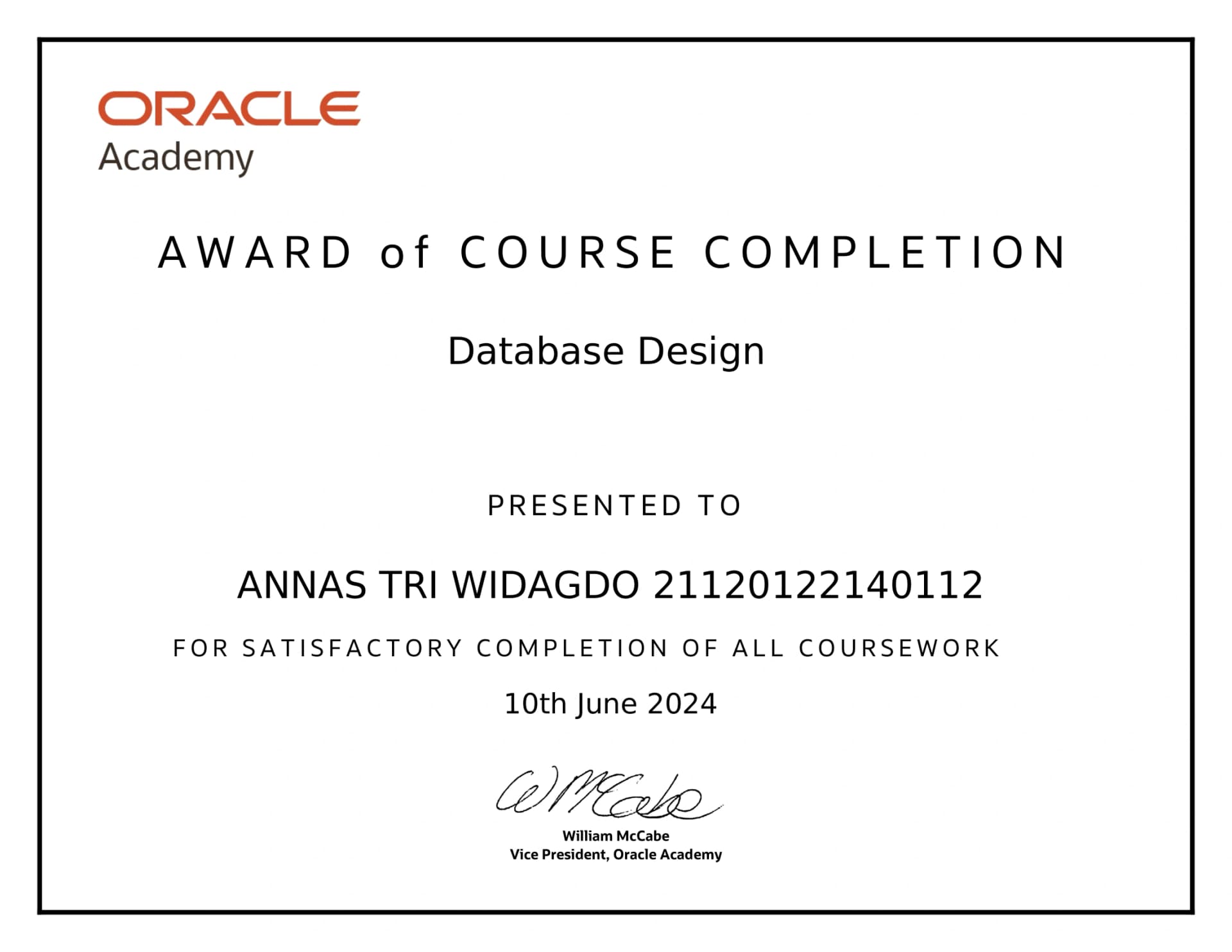Certificate for Database Design issued by Oracle Academy
