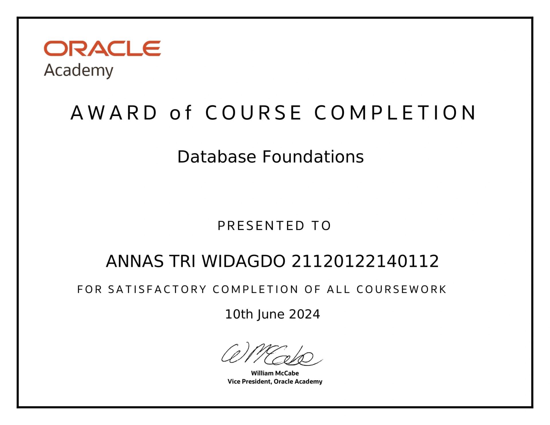 Certificate for Database Foundations issued by Oracle Academy
