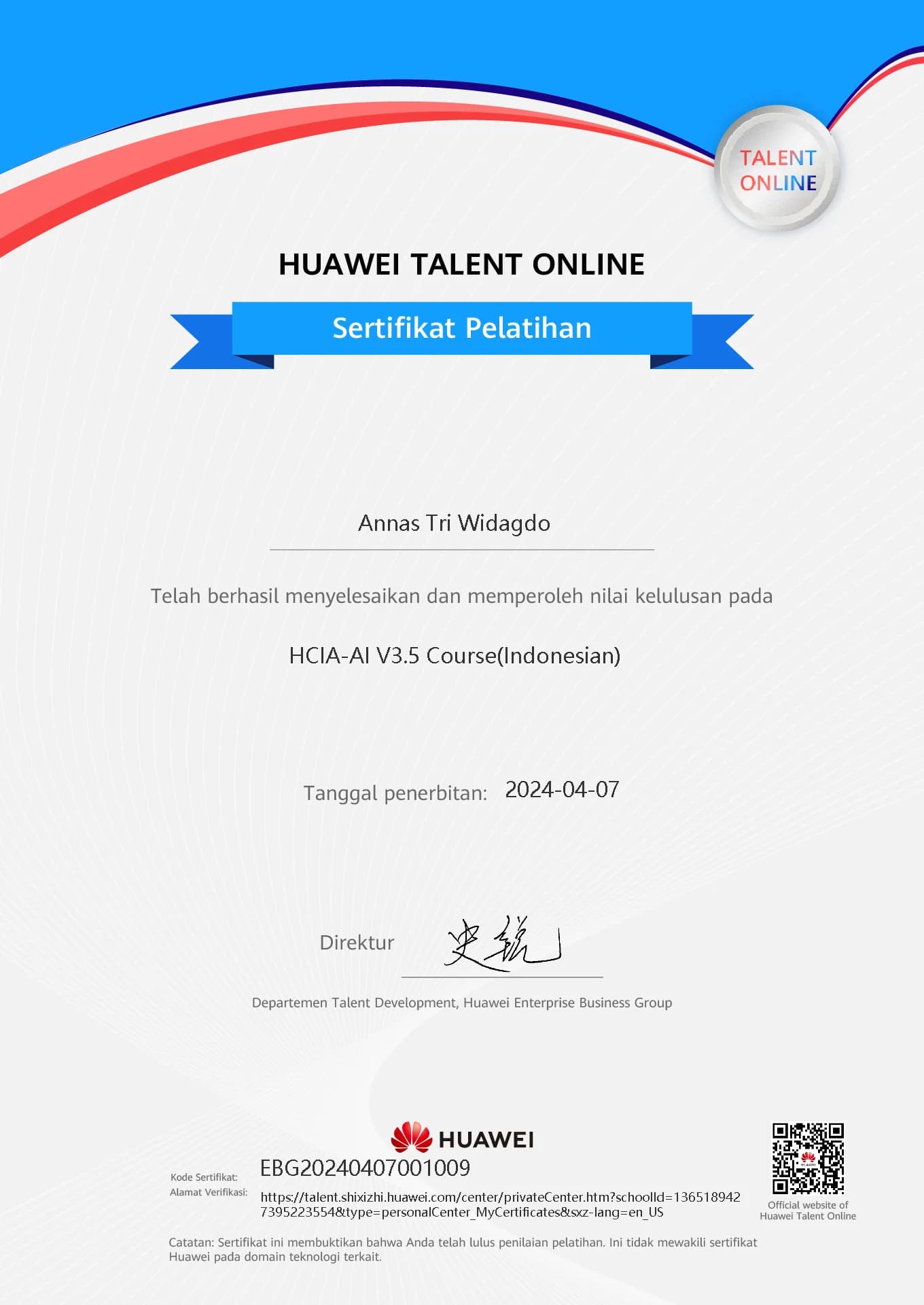 Certificate for HCIA-AI V3.5 issued by Huawei Technologies