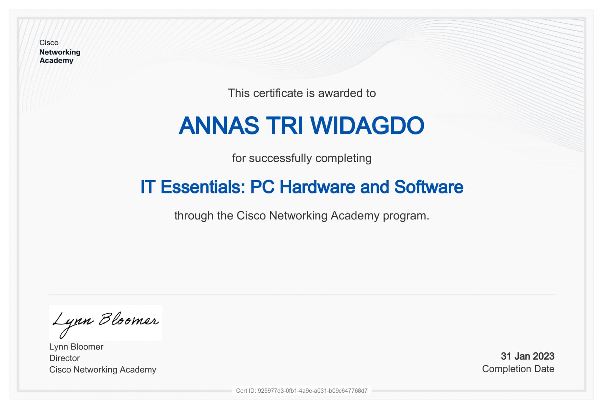 Certificate for IT Essentials: PC Hardware and Software issued by Cisco Networking Academy
