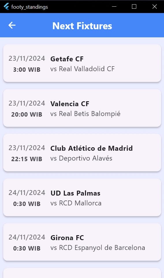 Antarmuka jadwal Footy Standings