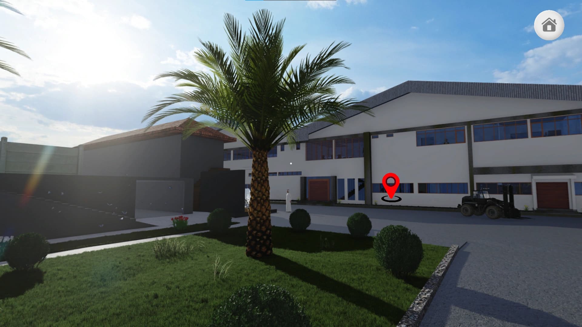 Courtyard garden panorama featuring landscaped greenery, building facade, and virtual navigation pins.