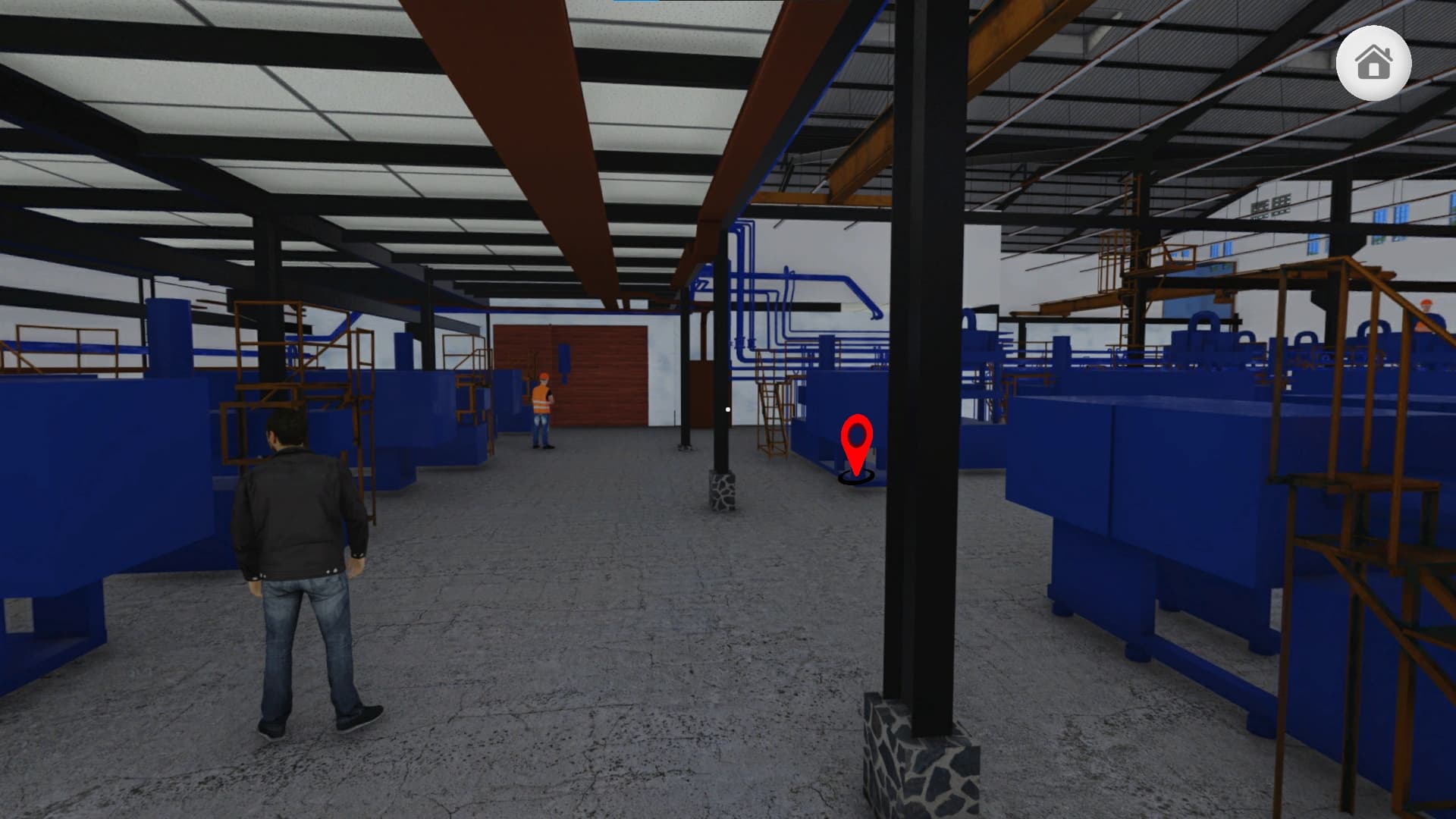 Factory production floor interior displaying machinery lines and navigation hotspot markers.