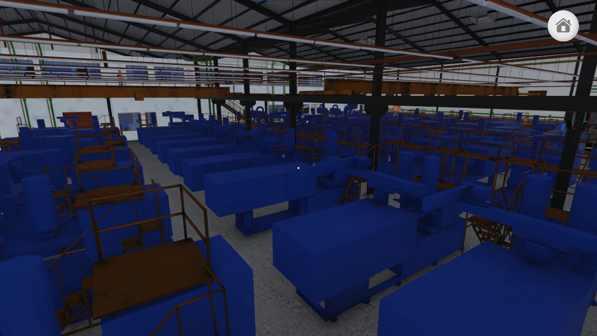 Mezzanine platform view overlooking the manufacturing machinery and overhead building structure.