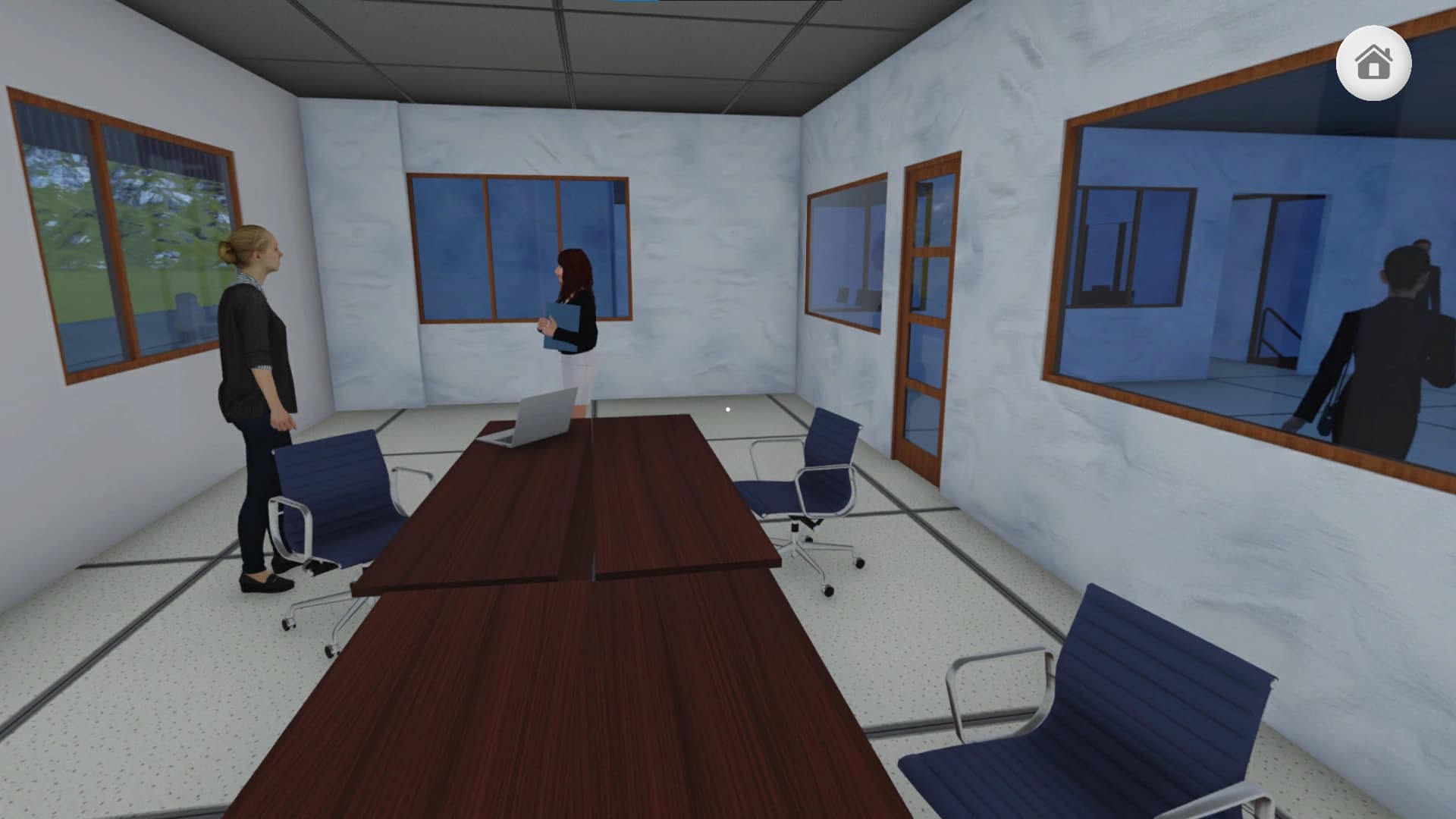Office meeting room interior showing conference table layout, interior finishes, and window exterior views.