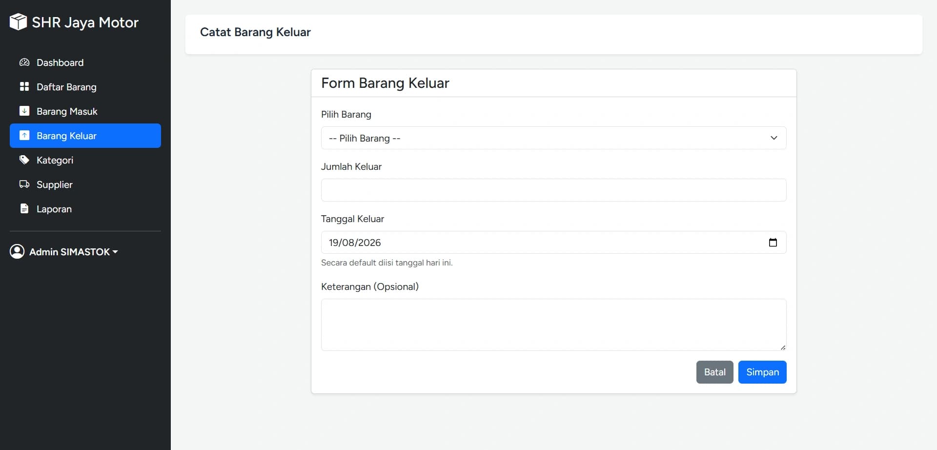 SIMASTOK outgoing parts form with dropdown selector, quantity validation, and transaction date input.