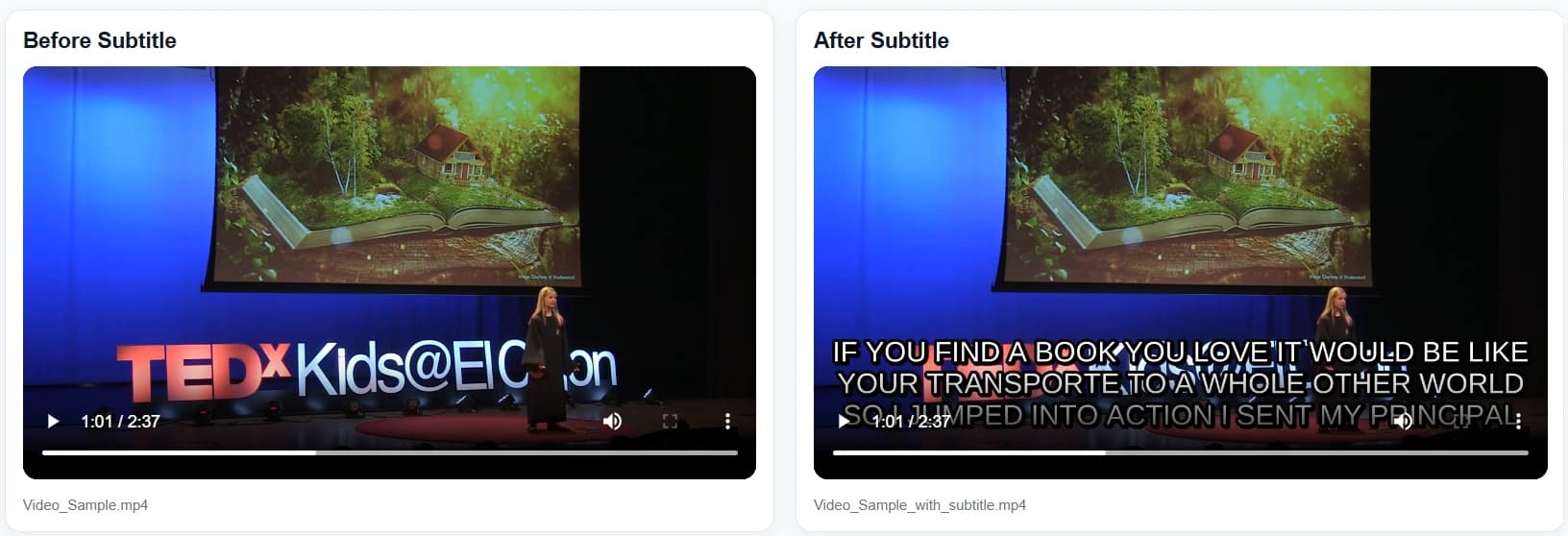Before and after comparison of automatic subtitles generated by the speech-to-text workflow