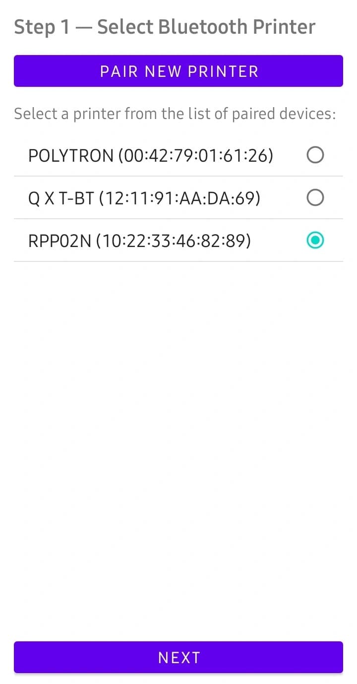 Antarmuka pemindaian perangkat Bluetooth dan pemilihan printer termal yang telah dipasangkan pada Thermal Printer Service.