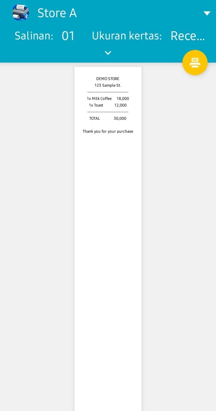 Pratinjau cetak sistem Android yang meneruskan dokumen cetak menuju printer termal Bluetooth terkonfigurasi.