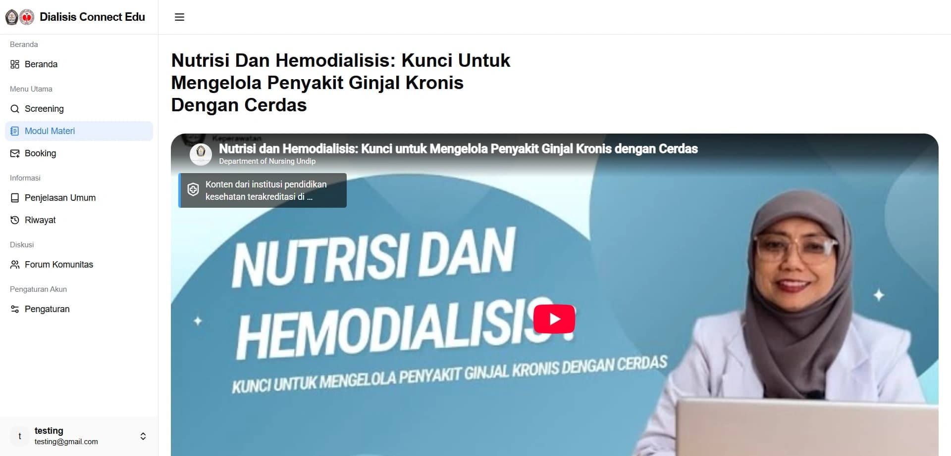 Halaman materi pembelajaran yang menampilkan panduan diet ginjal dan video edukasi dialisis interaktif.