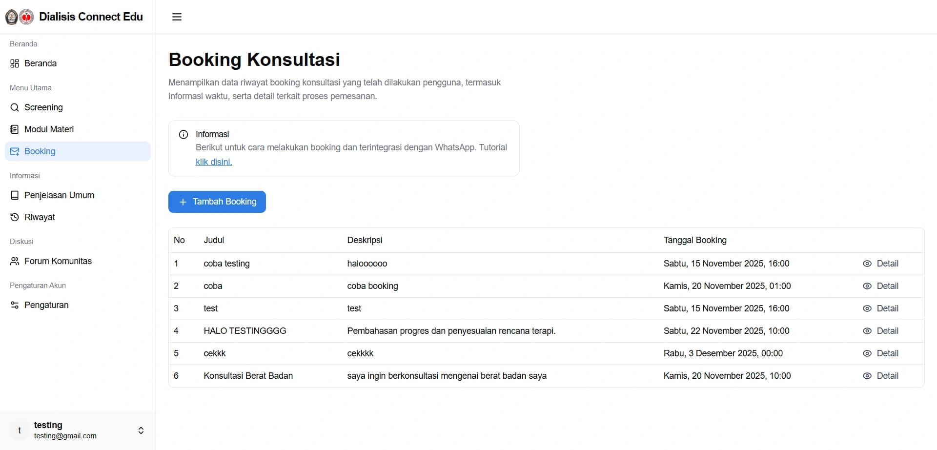 Antarmuka kalender jadwal konsultasi kesehatan dan pemilihan sesi pendampingan edukasi.