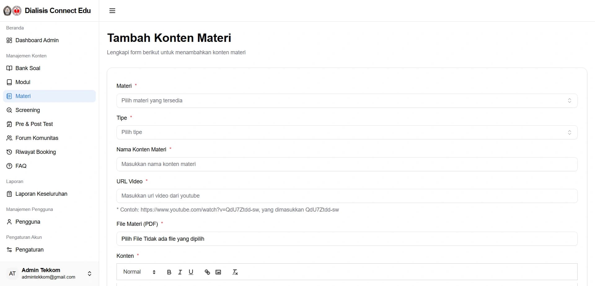 Konsol manajemen konten admin untuk menerbitkan materi pembelajaran, video YouTube, dan booklet PDF.