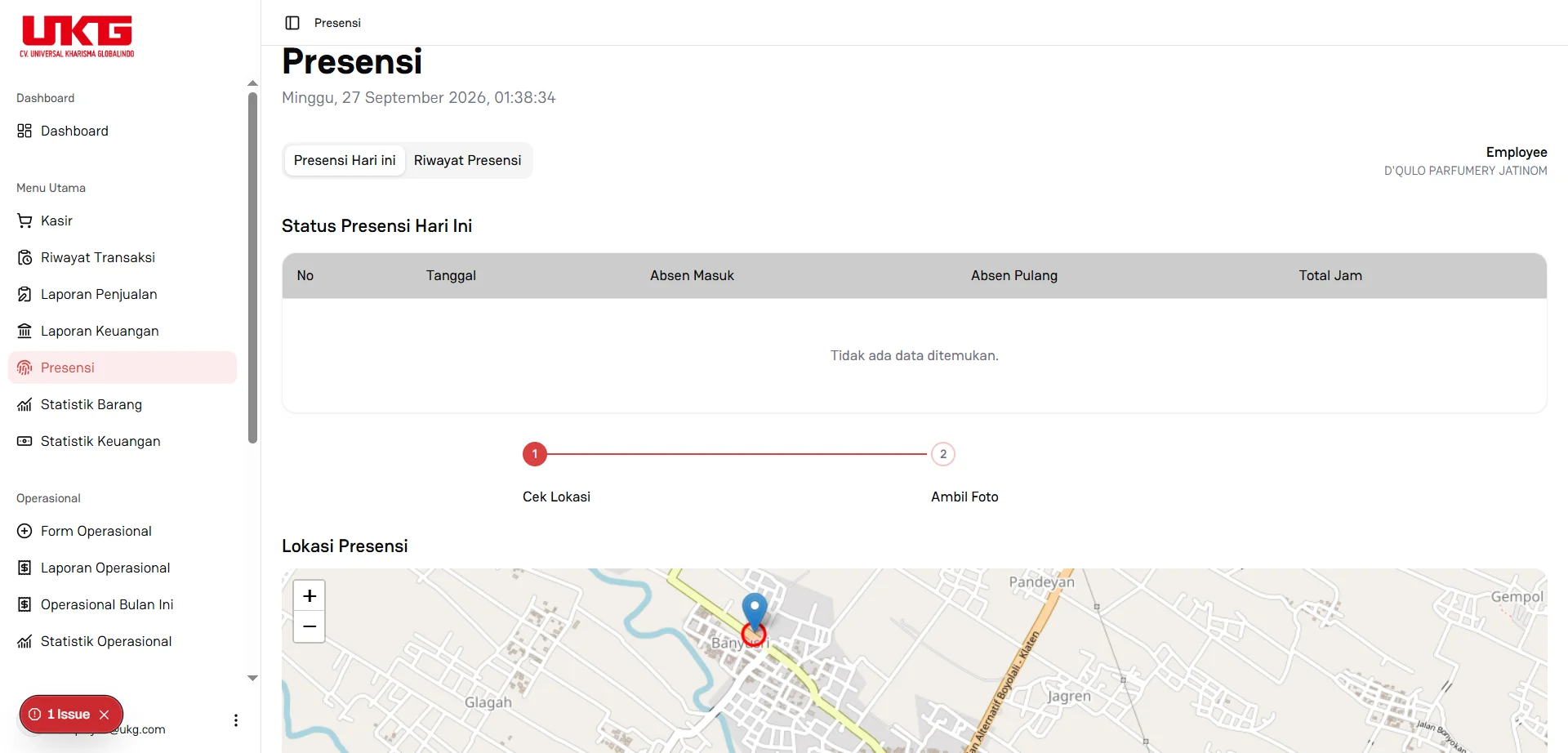 Tabel presensi pegawai dengan verifikasi radius lokasi berbasis peta digital dan koordinat absensi.