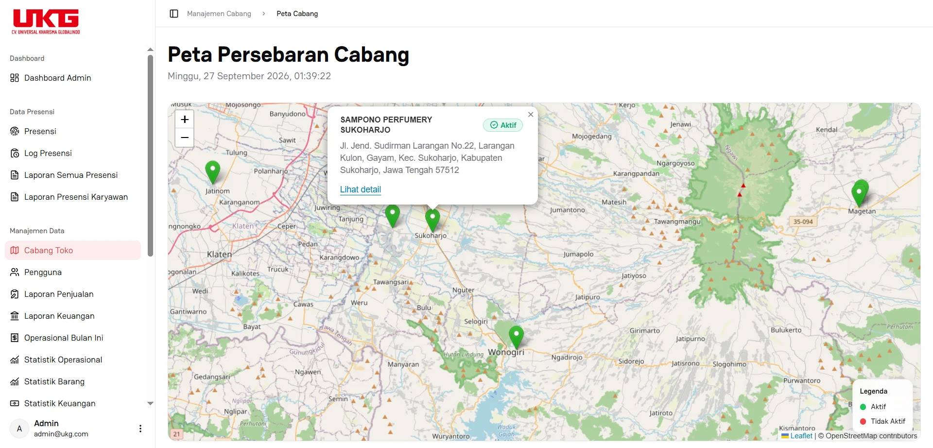 Peta digital interaktif yang menampilkan sebaran titik cabang toko dan status keaktifan operasional wilayah.