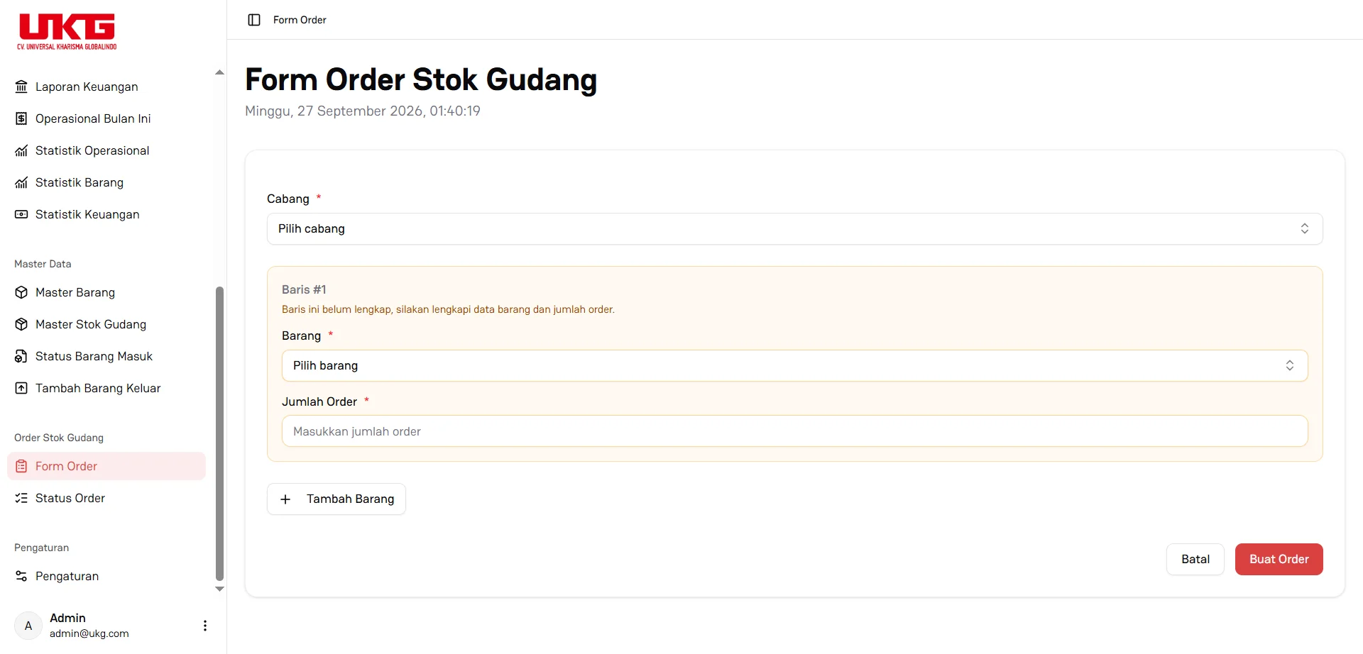 Formulir permohonan order stok barang antar-cabang dengan pilihan gudang tujuan dan kolom input jumlah.